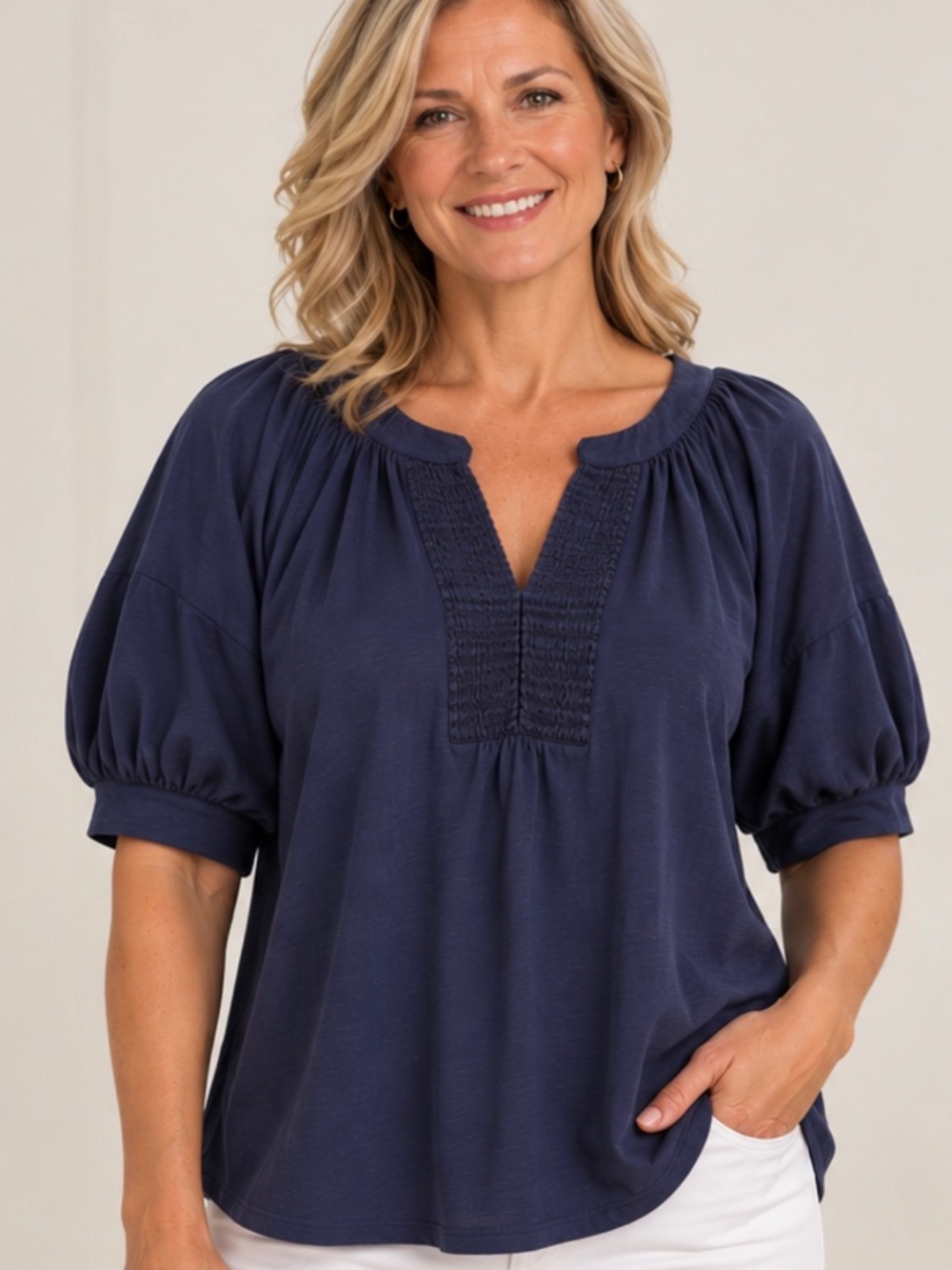 Chico’s Women's Navy Blue Balloon Sleeve Shirt Blouse Top Size 3 XL 16 18 1X